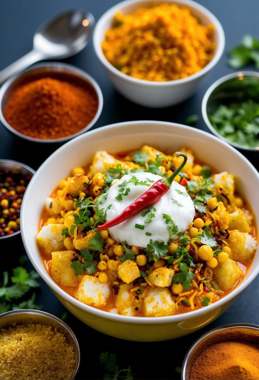 A vibrant bowl of Bhel Puri topped with extra chili, surrounded by colorful spices and ingredients