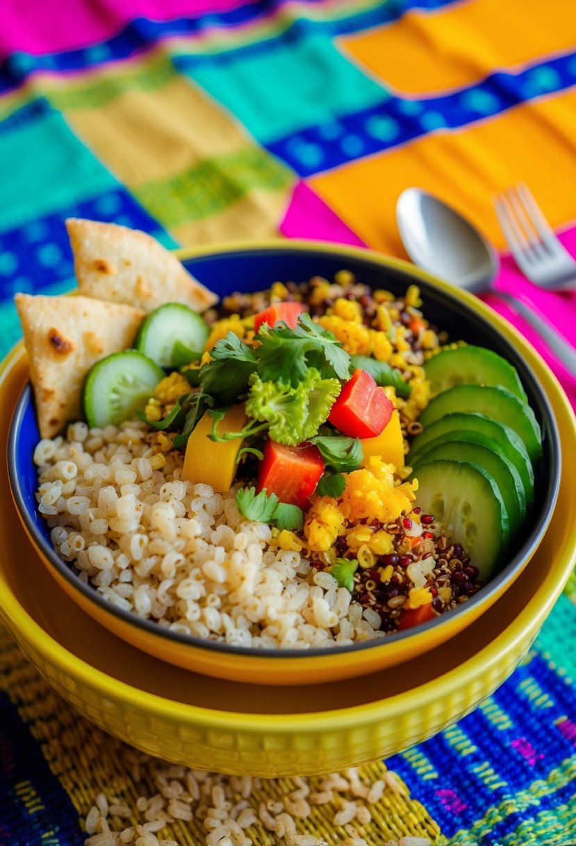 A colorful bowl of Quinoa Bhel Puri topped with fresh vegetables and crunchy puffed rice, set on a vibrant tablecloth