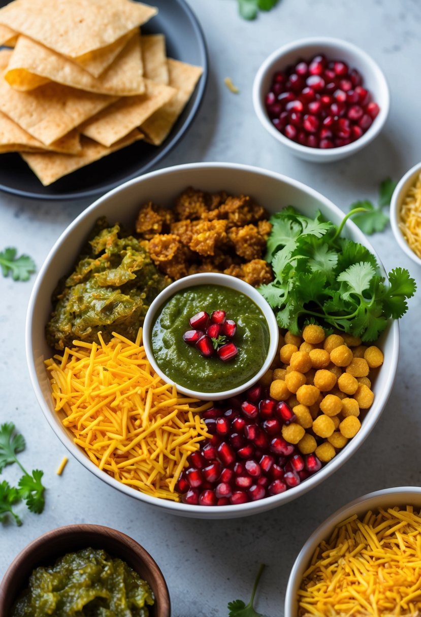 A colorful array of crunchy papdi, sev, and chutneys layered in a bowl, topped with fresh cilantro and pomegranate seeds