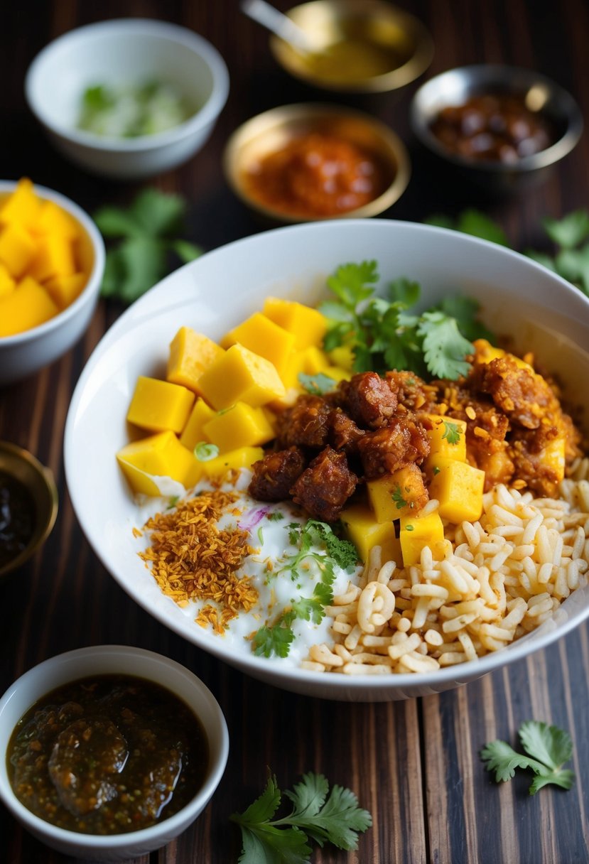 A colorful bowl of Tangy Mango Bhel Puri with diced mango, crunchy puffed rice, and a variety of spices and chutneys