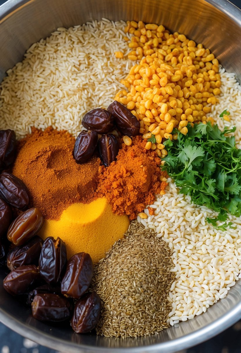 A colorful array of ingredients - puffed rice, tamarind chutney, dates, and spices - mixed together in a large bowl