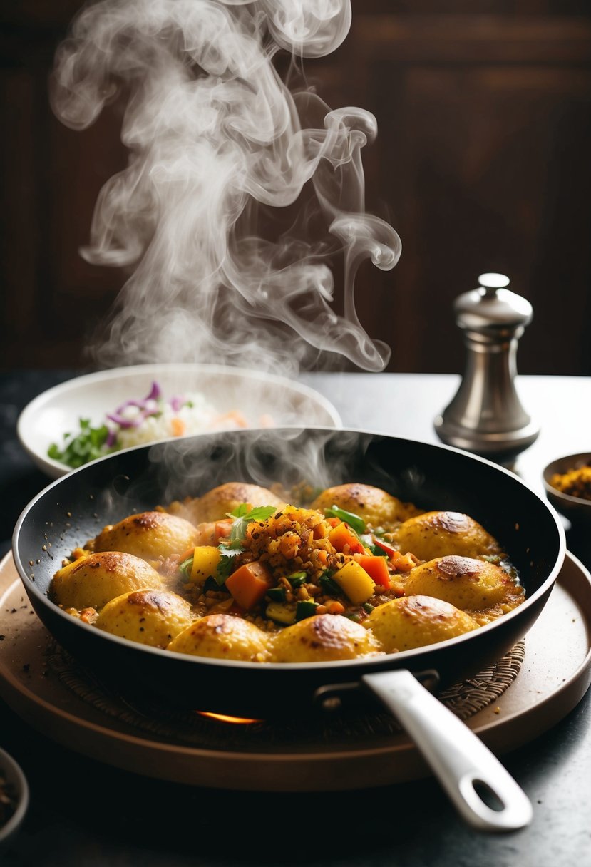 A sizzling pan of golden-fried bhaji with a medley of colorful vegetables and aromatic spices, surrounded by a cloud of steam rising from the hot dish