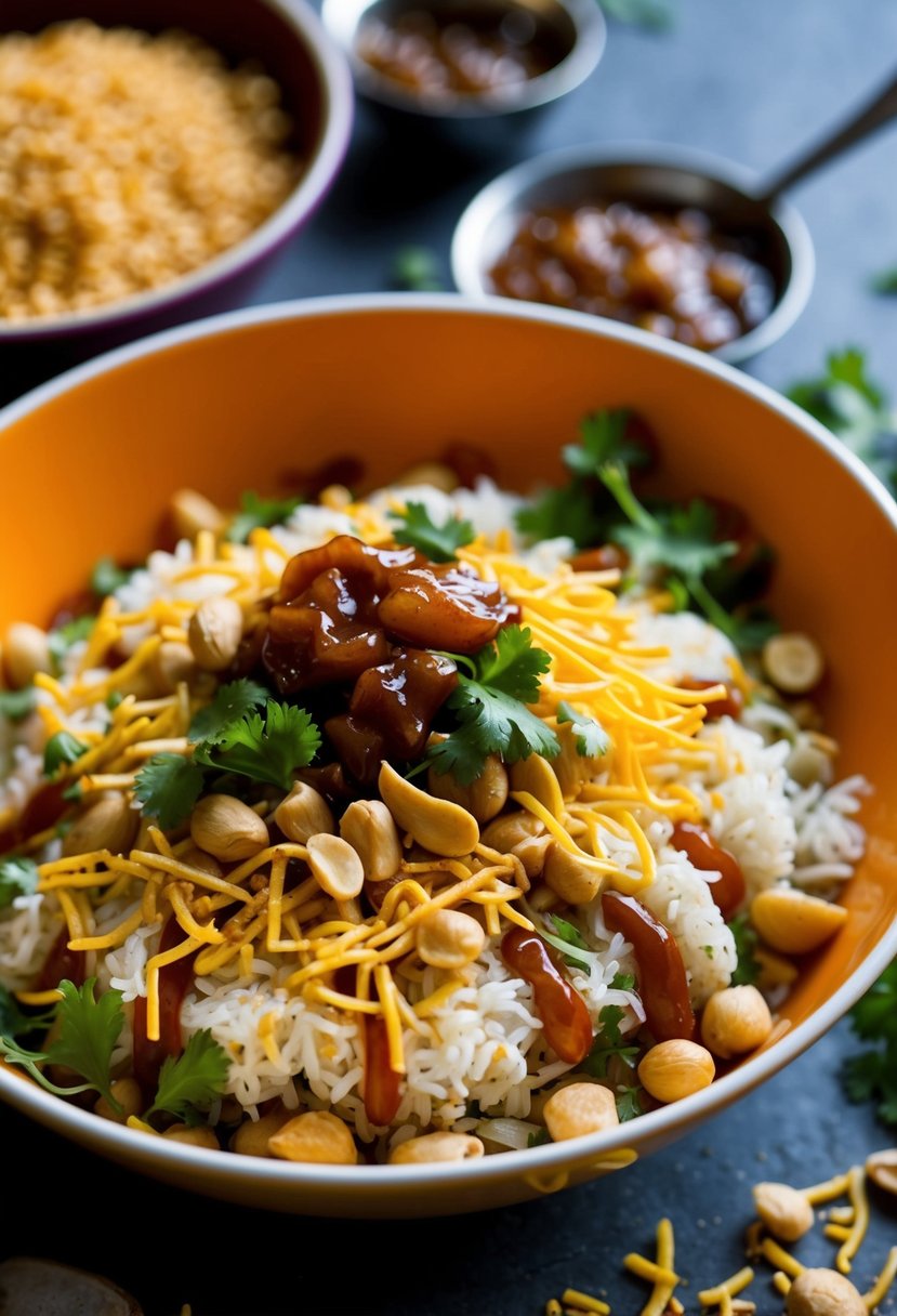 A colorful bowl of Peanut and Coriander Bhel Puri, topped with crunchy sev and drizzled with tangy tamarind chutney