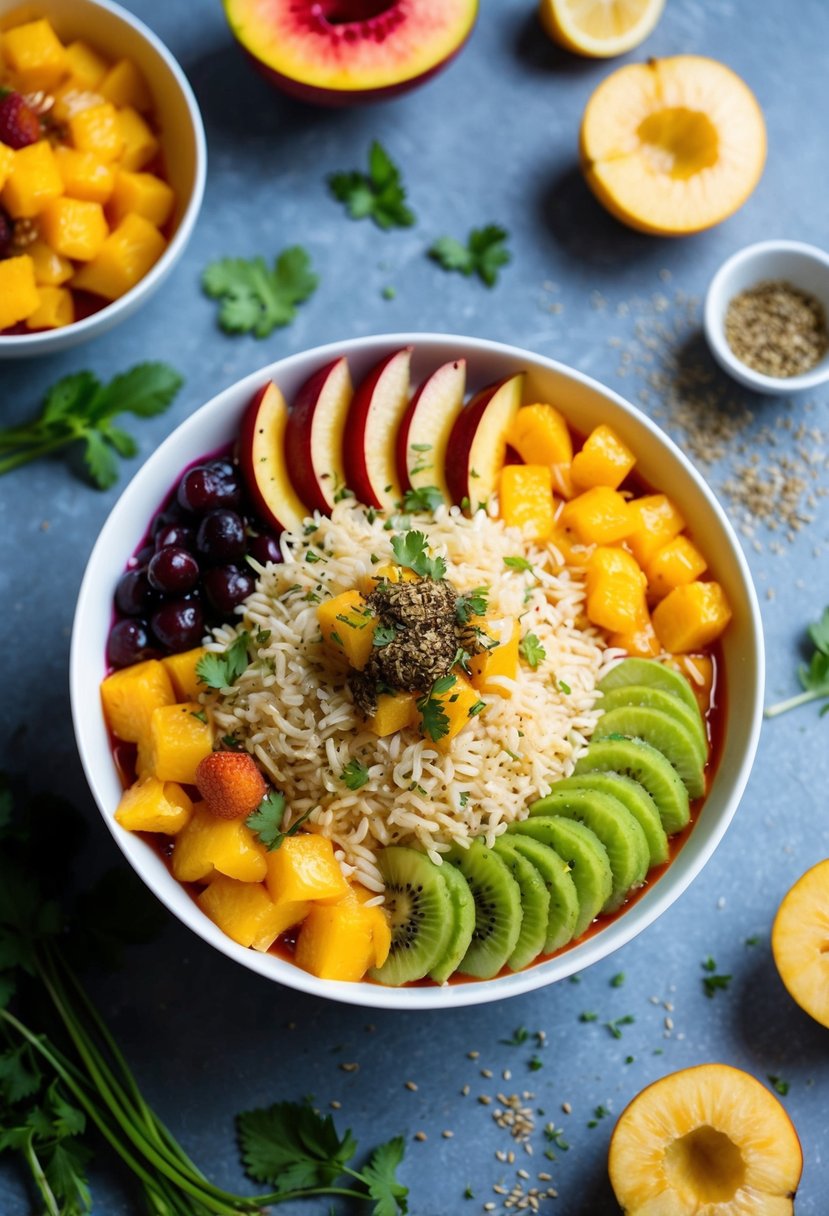 A colorful bowl of Fruit Fusion Bhel Puri with various fruits and crunchy puffed rice, garnished with herbs and spices