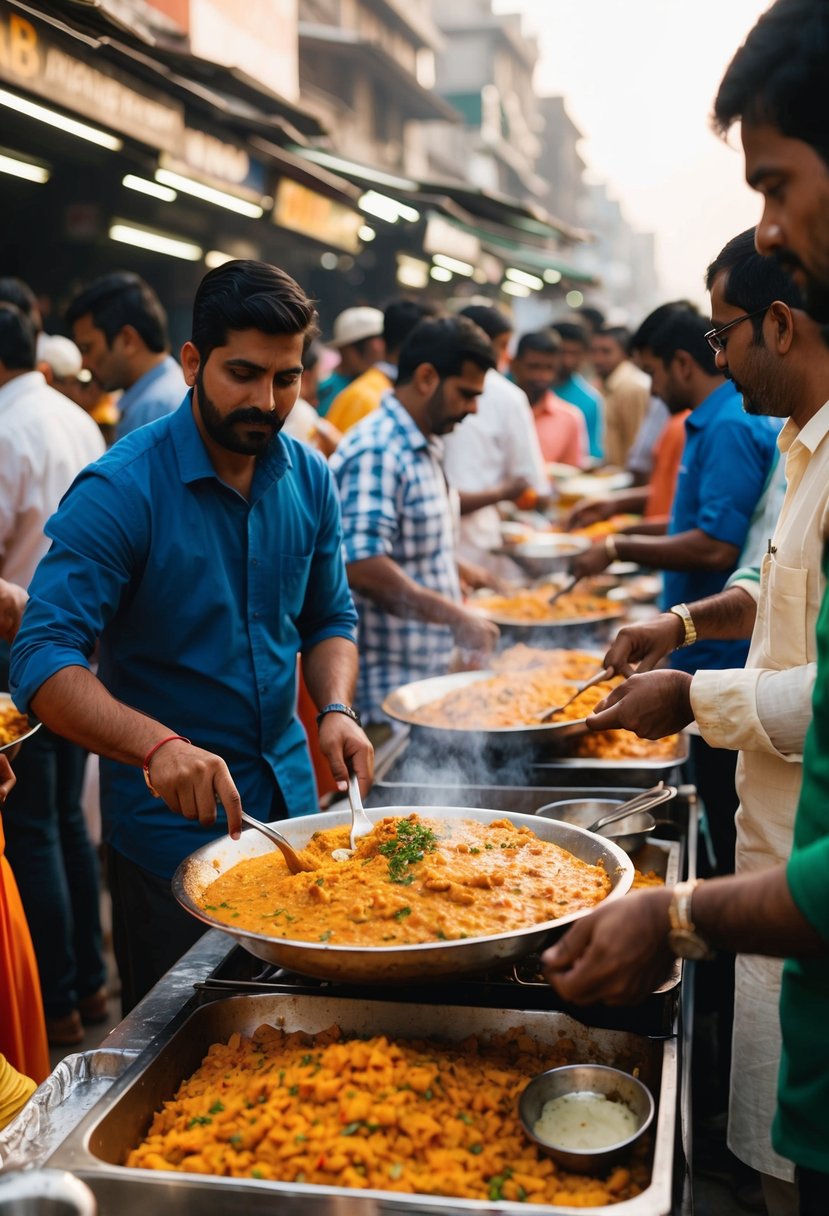 A bustling outdoor market with vendors cooking and serving traditional Pav Bhaji bhaji to a crowd of hungry customers