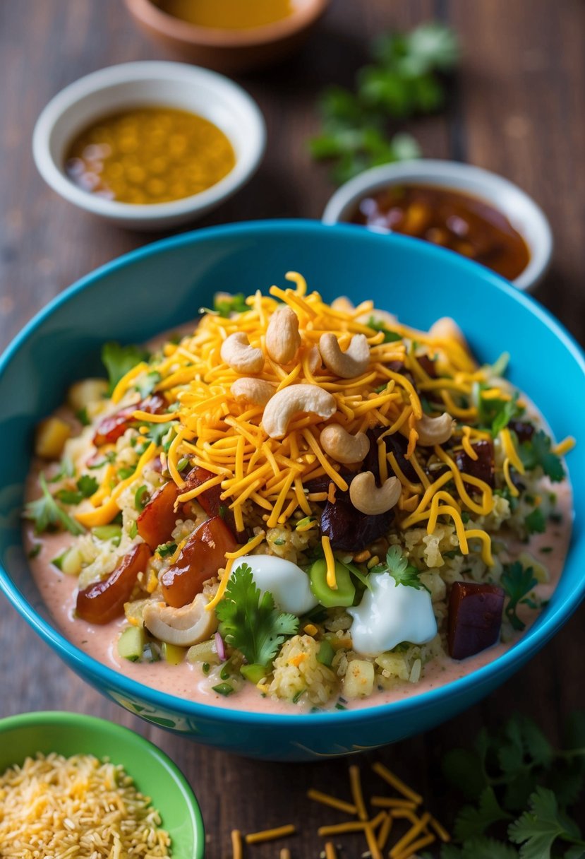 A colorful bowl of Nutty Cashew Bhel Puri with various ingredients mixed together, topped with crunchy sev and drizzled with tangy tamarind chutney