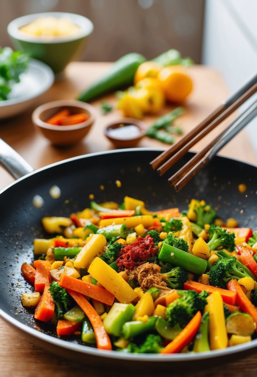 A sizzling pan of colorful mixed vegetables being stir-fried with aromatic spices