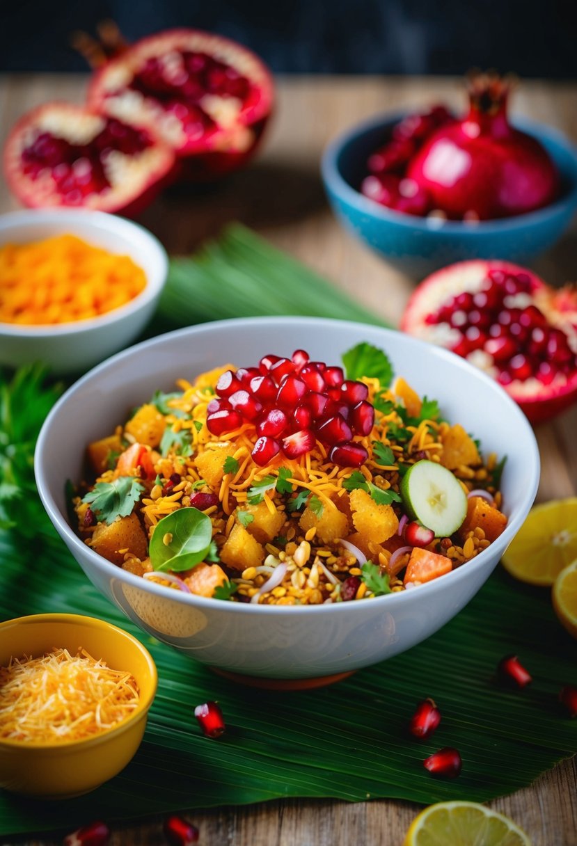 A vibrant bowl of Pomegranate Bhel Puri Delight, with a colorful mix of crunchy ingredients and a generous sprinkling of pomegranate seeds on top