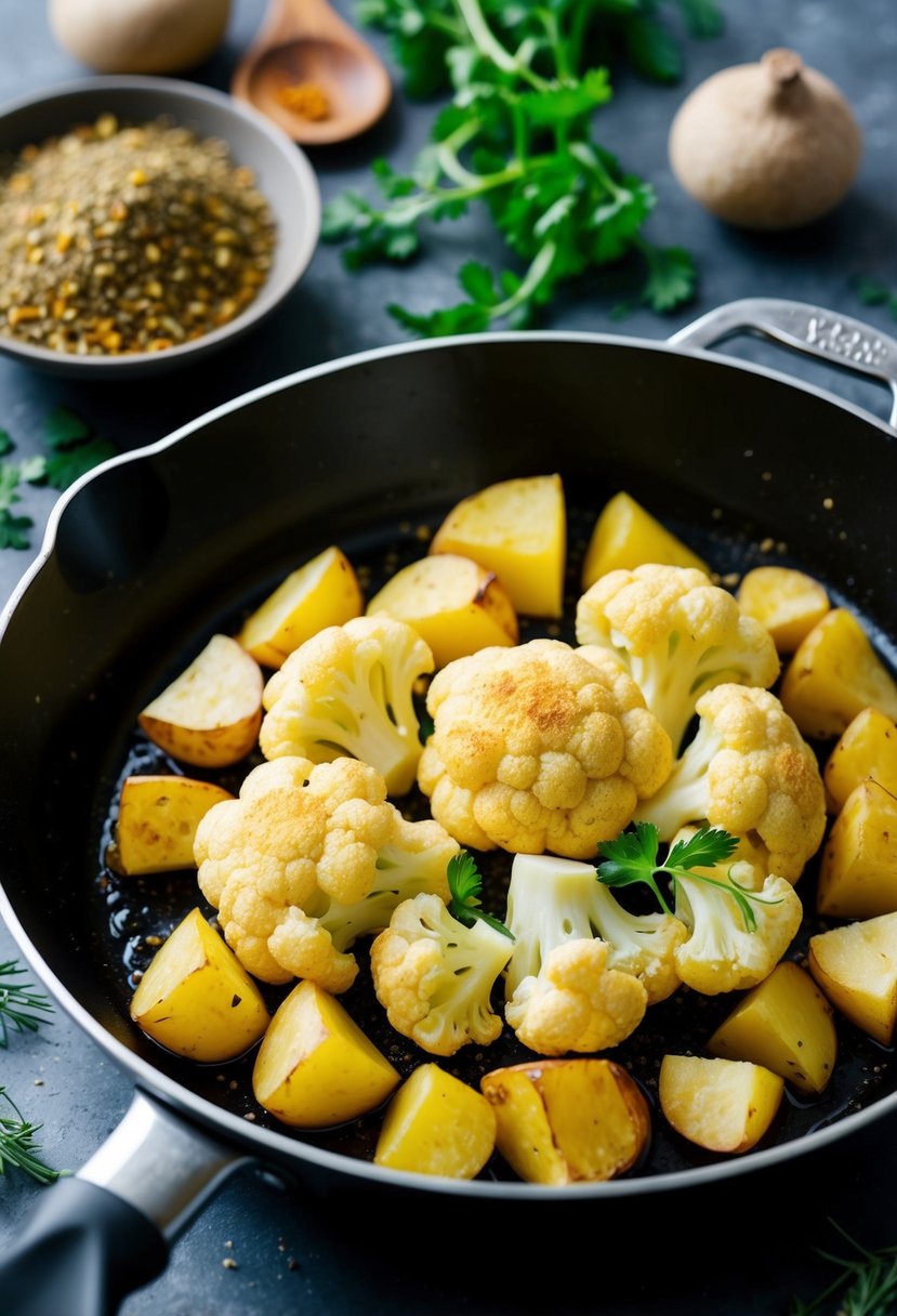 A sizzling skillet with golden cauliflower and potato chunks, surrounded by aromatic spices and herbs