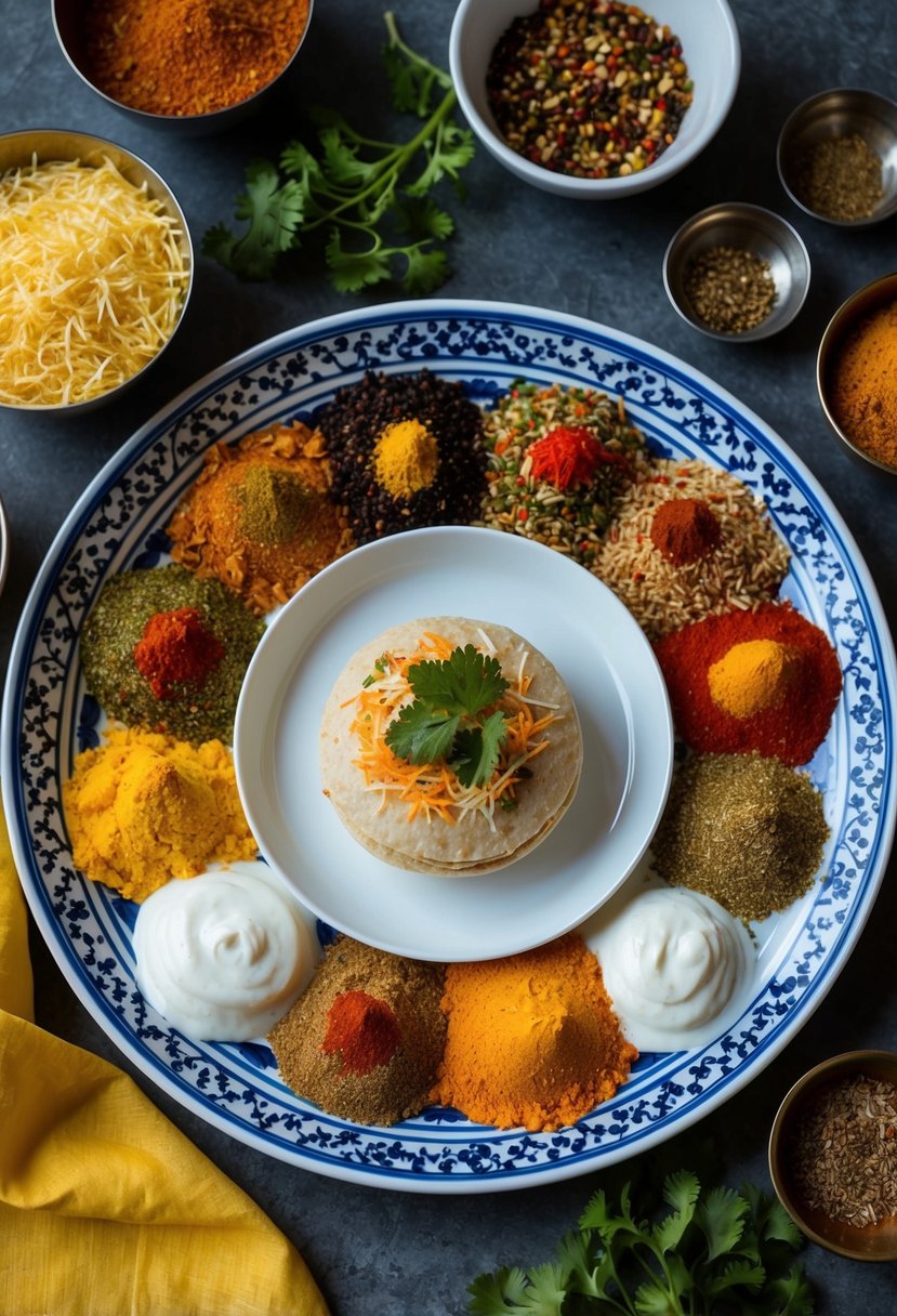 A colorful spread of Gujarati Style Dry Bhel Puri ingredients and spices on a traditional serving plate