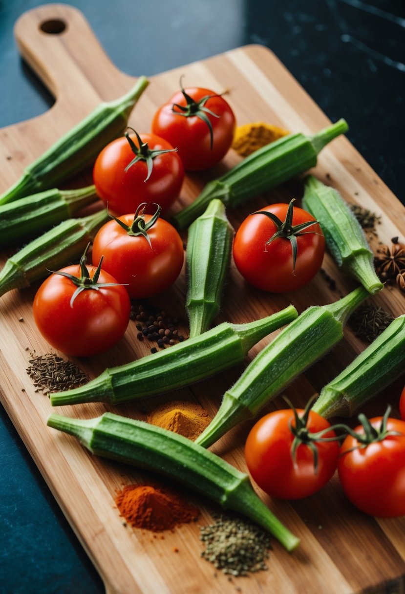 Fresh okra, tomatoes, and spices arranged on a wooden cutting board