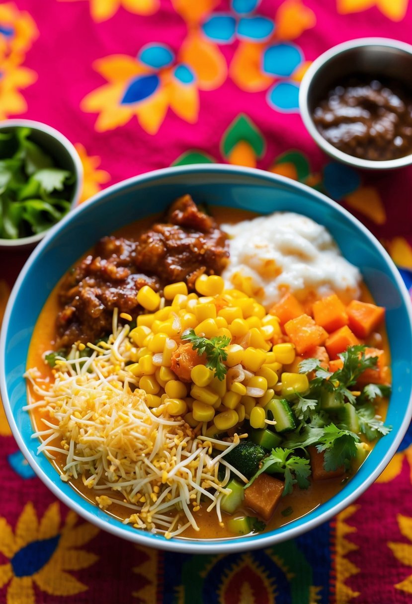 A colorful bowl of Sweet Corn Bhel Puri, topped with crunchy sev, diced vegetables, and tangy chutneys, sits on a vibrant tablecloth