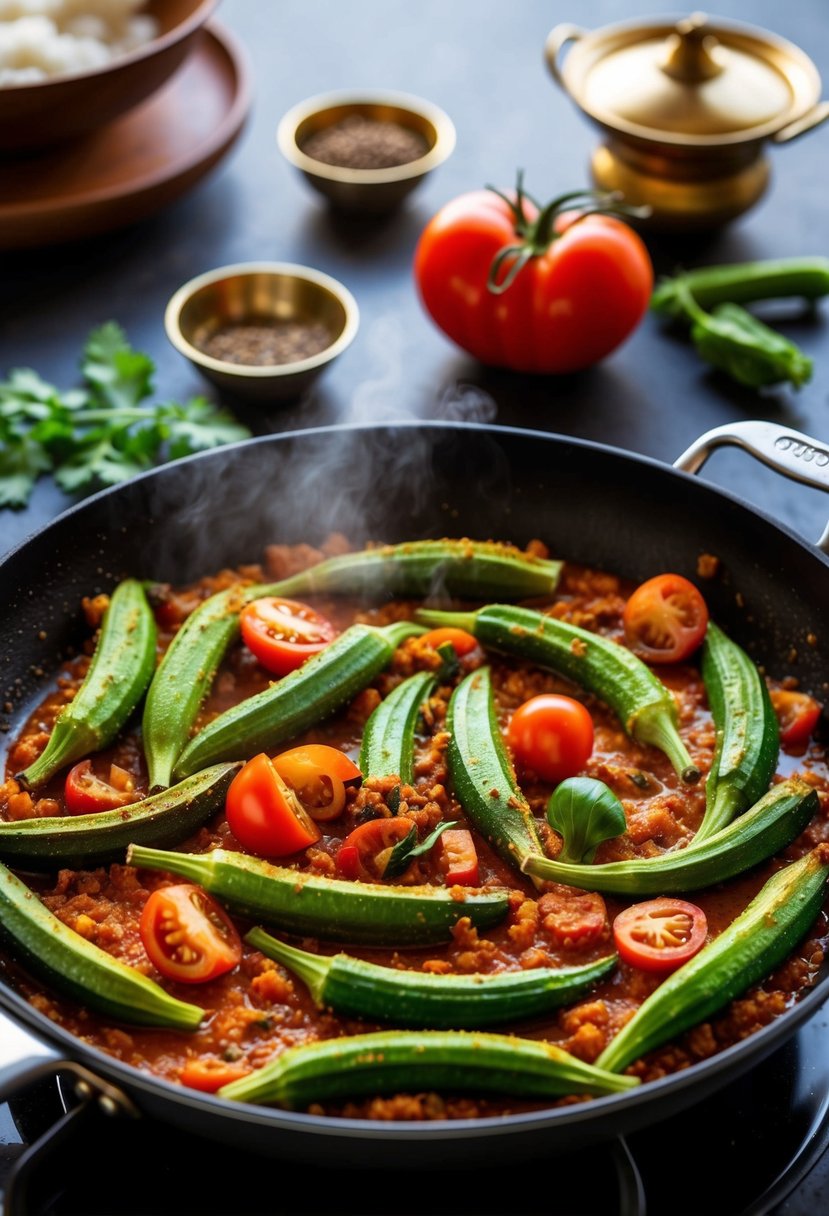 A sizzling skillet of classic Bhindi Masala, with vibrant okra, tomatoes, and aromatic spices cooking over a hot stove