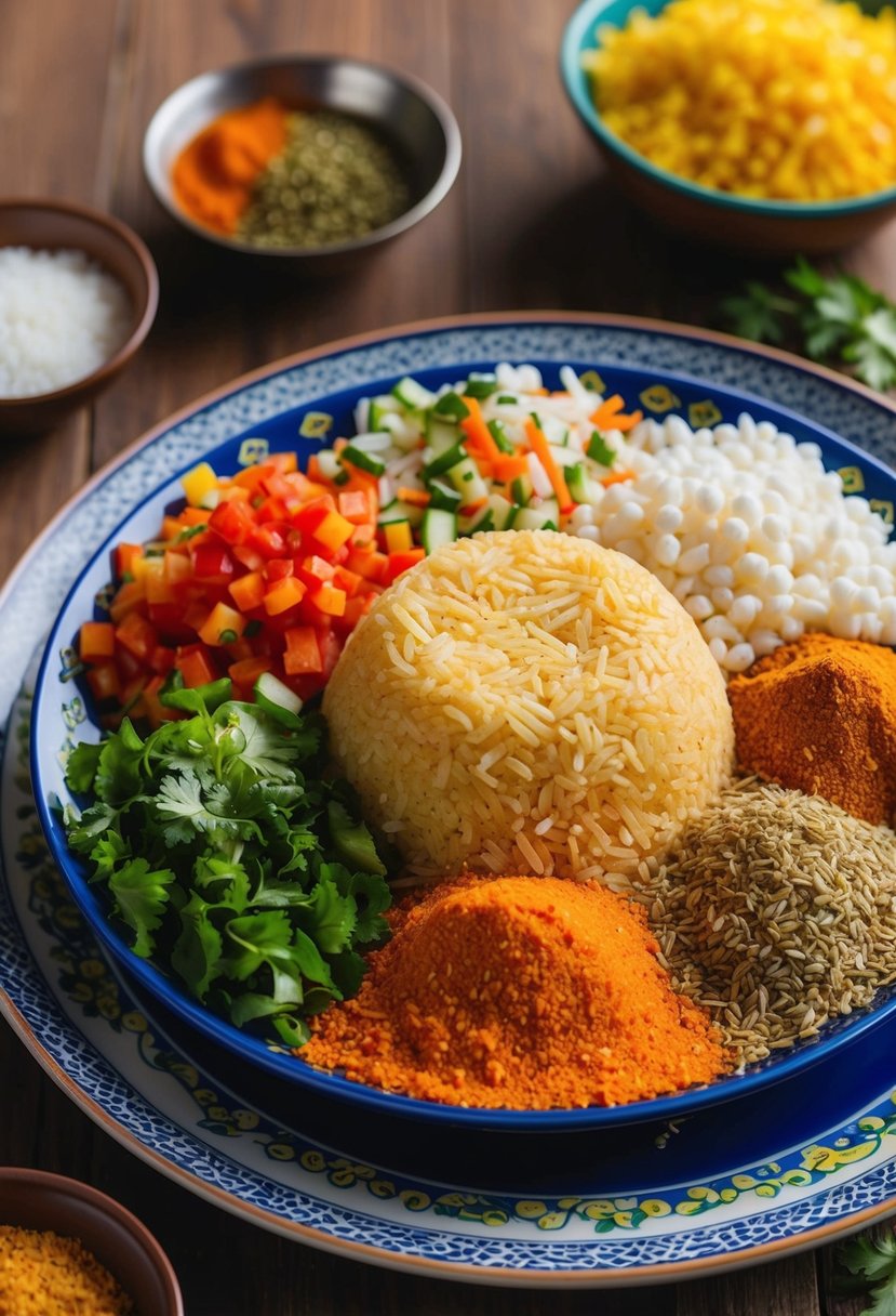 A colorful spread of ingredients for Masala Special Bhel Puri, including puffed rice, chopped vegetables, and a variety of spices, arranged on a traditional serving plate