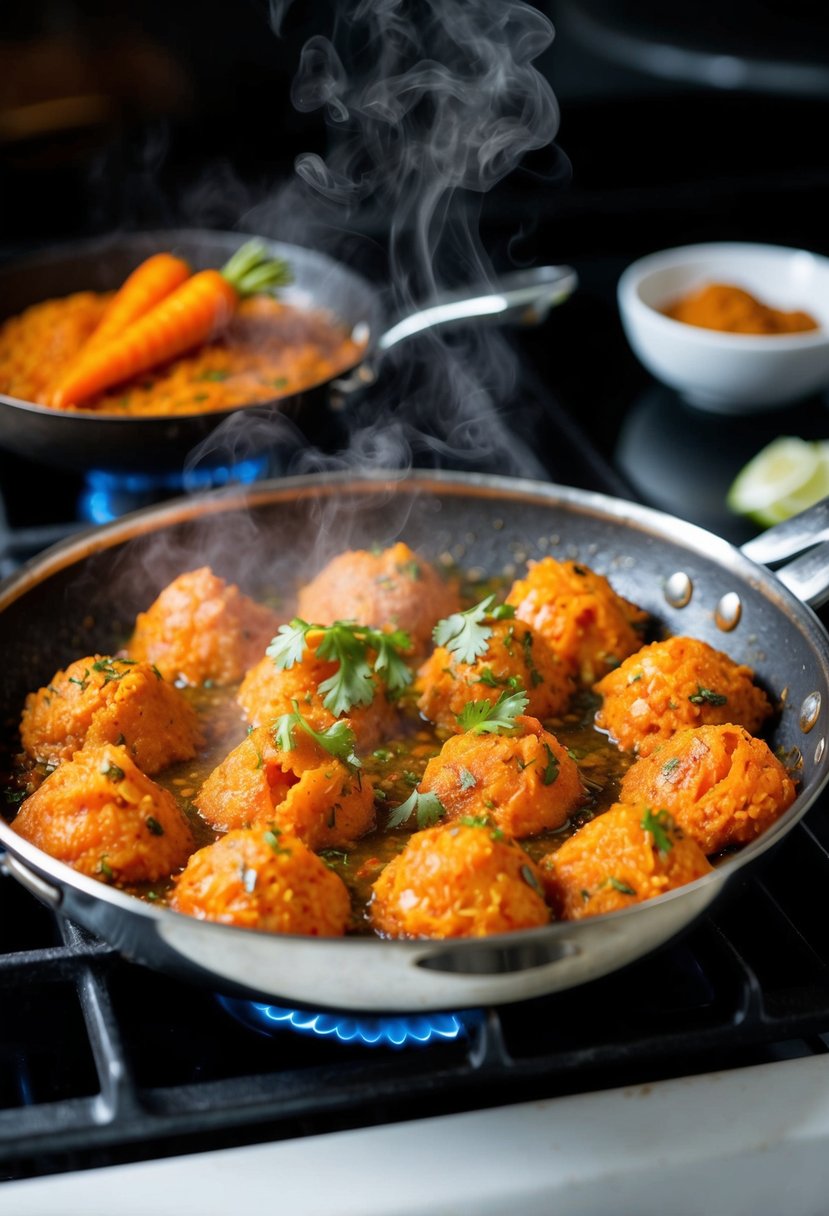 A sizzling pan of carrot bhaji cooking on a stove, with steam rising and aromatic spices filling the air