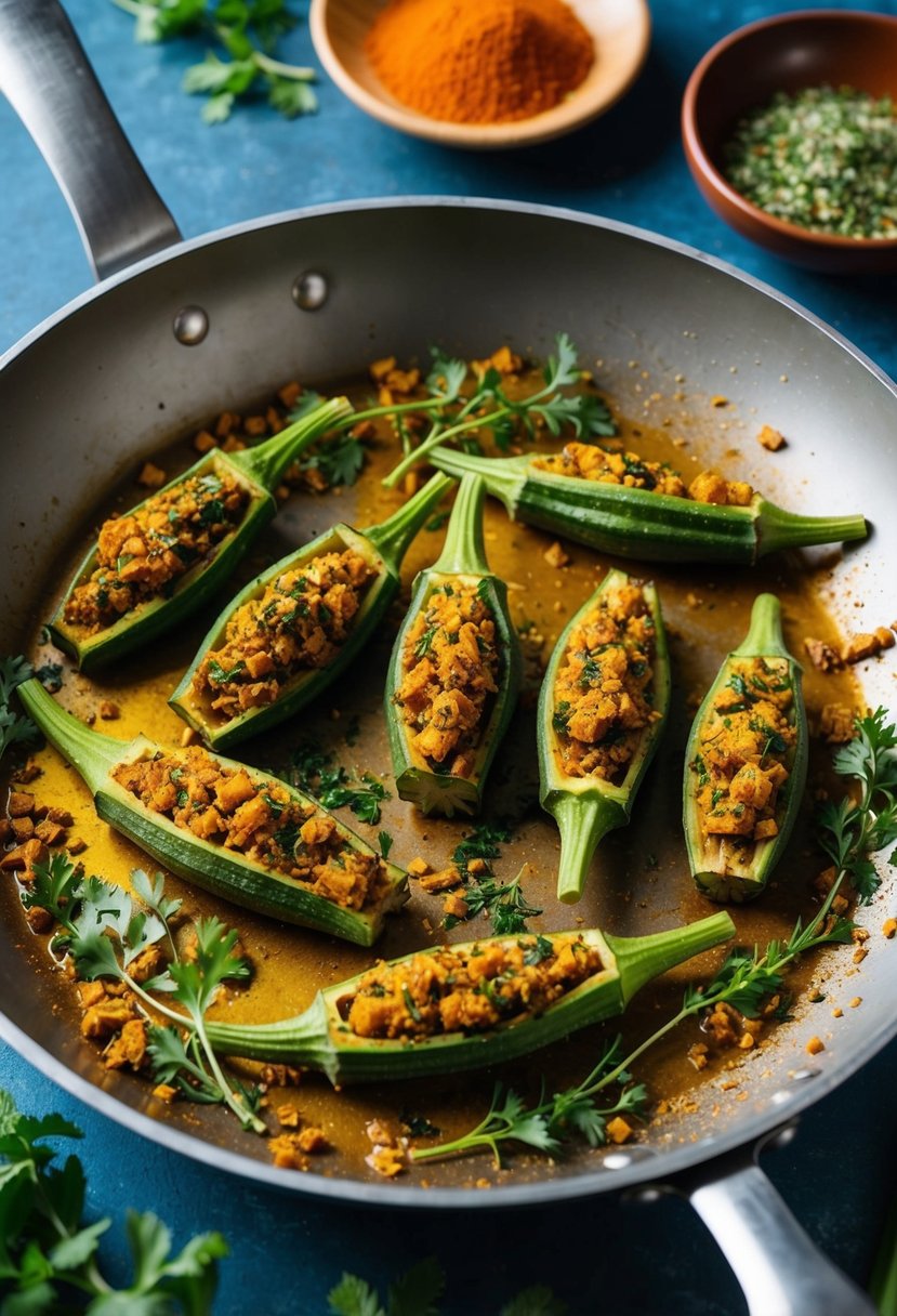 A pan sizzling with stuffed okra surrounded by vibrant spices and herbs