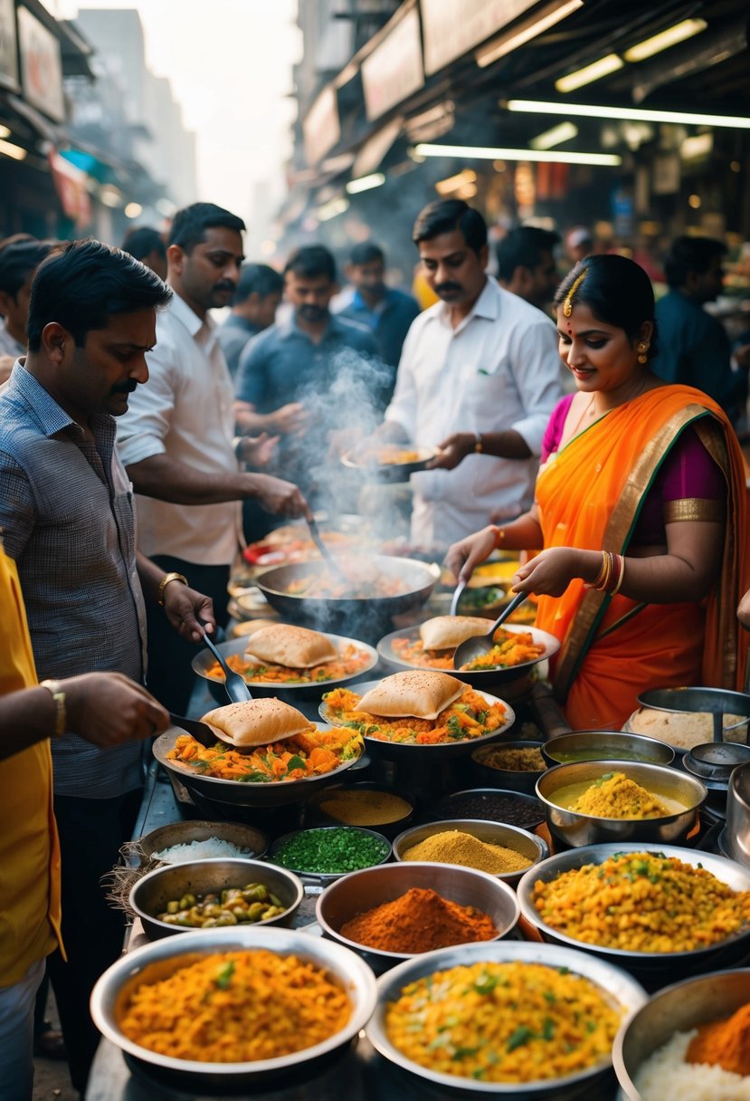 A bustling Mumbai street market with vendors cooking and serving up steaming plates of Pav Bhaji amidst a colorful array of spices and ingredients