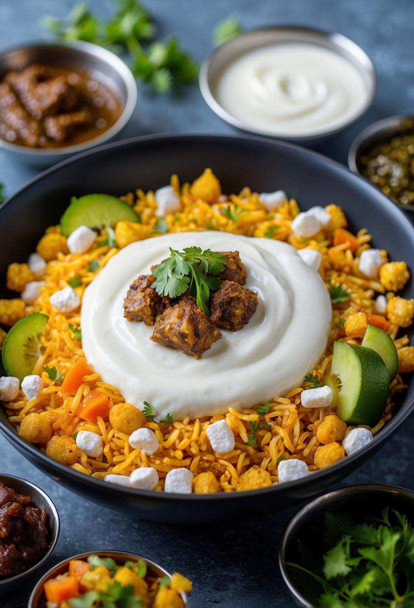 A bowl of bhel puri topped with yogurt, surrounded by ingredients like puffed rice, diced vegetables, and chutneys