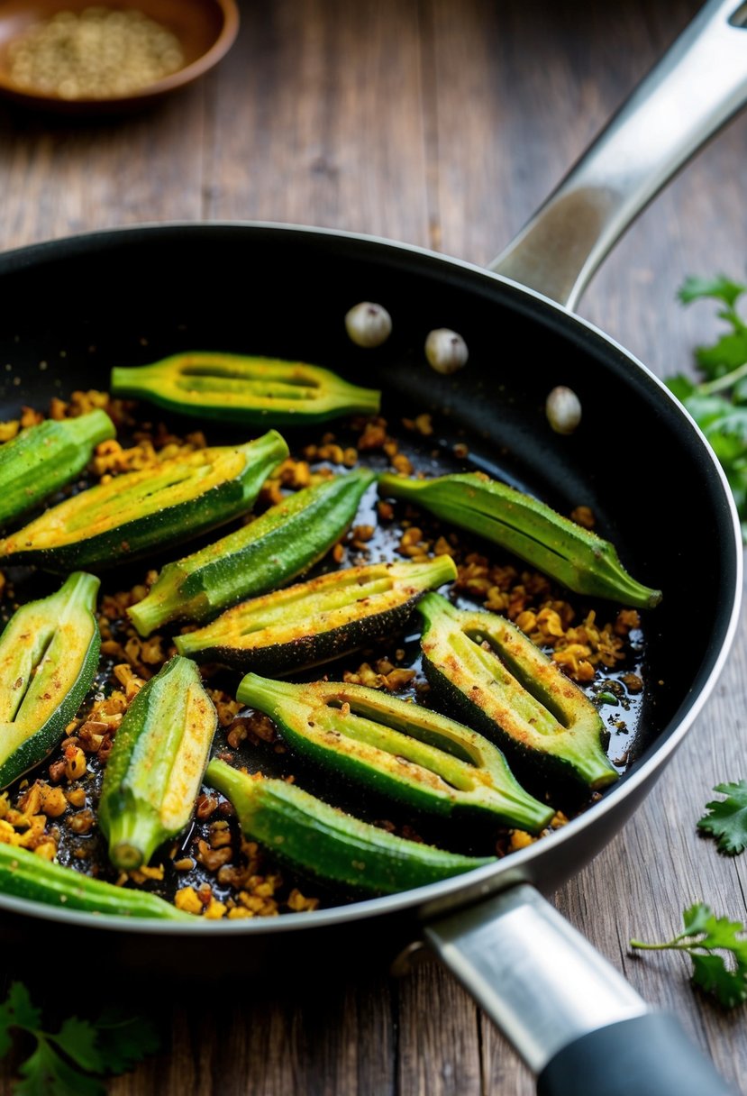 Fresh okra slices sizzling in a pan with spices, creating a crispy and flavorful bhindi fry