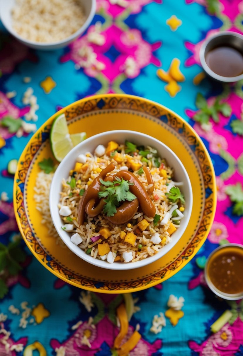 A bowl of Tamarind Twist Bhel Puri sits on a vibrant, patterned tablecloth, surrounded by scattered ingredients like puffed rice, chopped vegetables, and tangy tamarind sauce