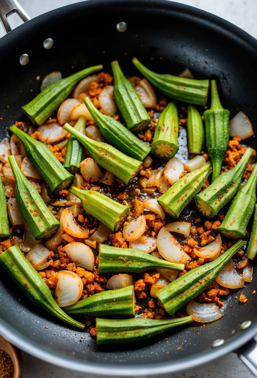 Okra and onions sizzling in a pan with spices