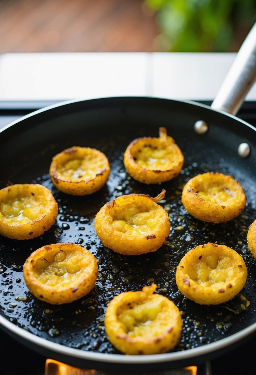 A sizzling pan of golden gluten-free onion bhajis frying in hot oil