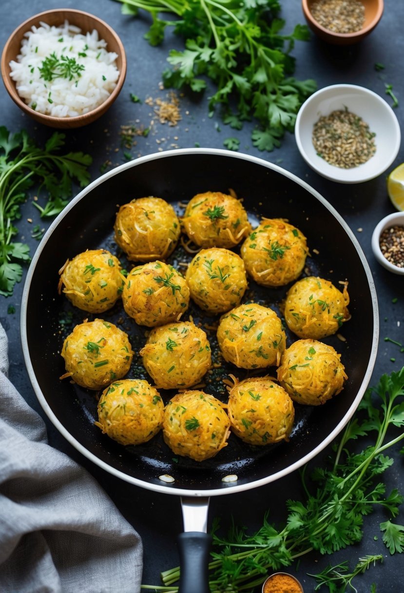 A sizzling pan of golden, crispy Herbed Onion Bhajis, surrounded by fresh herbs and spices