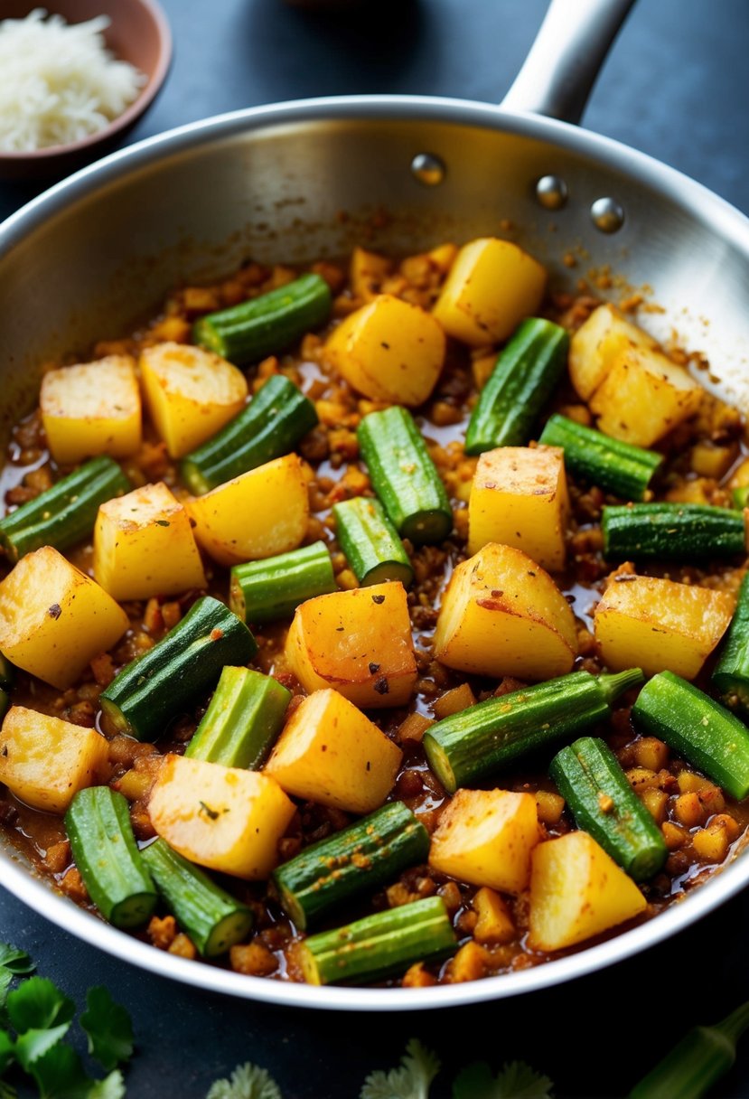 A sizzling pan of aloo bhindi, with chunks of potatoes and okra cooking in a fragrant blend of spices