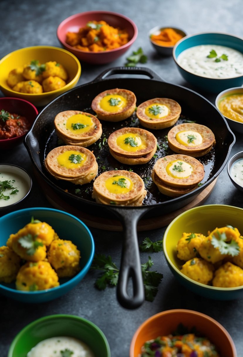 A sizzling skillet with butter-toasted pav bhaji, surrounded by colorful bowls of assorted bhaji recipes