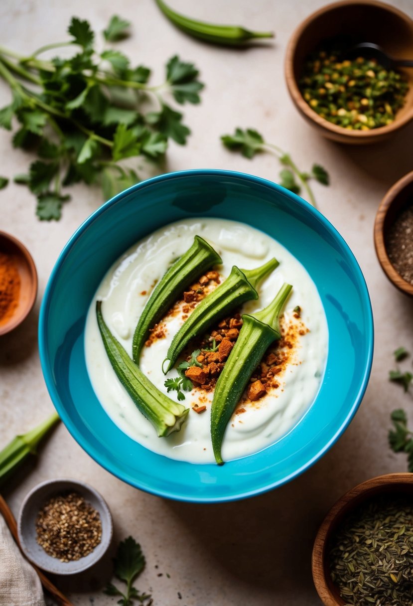 A bowl of okra in creamy yogurt sauce, surrounded by aromatic spices and herbs