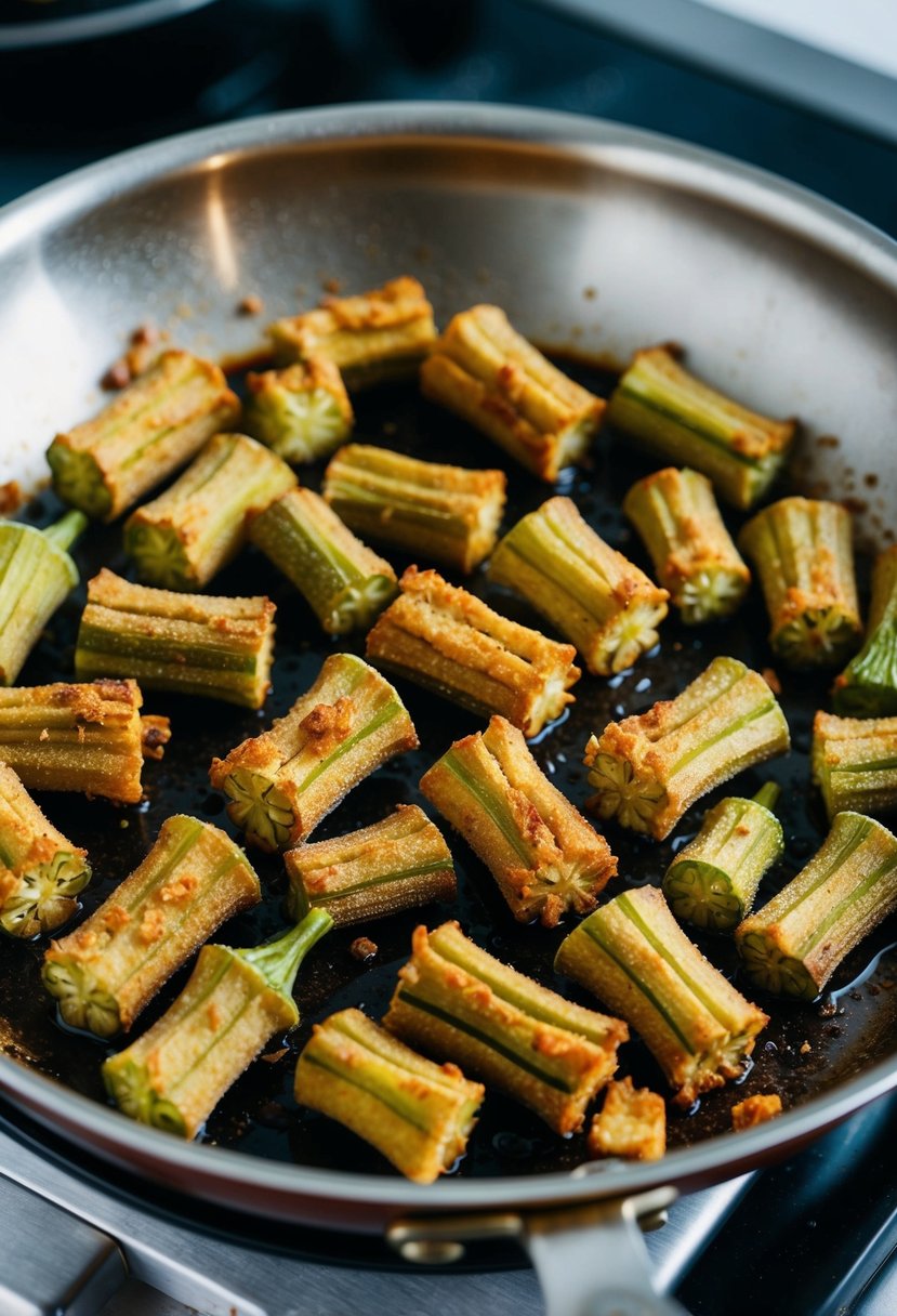 Crispy okra frying in a sizzling pan, golden and crunchy