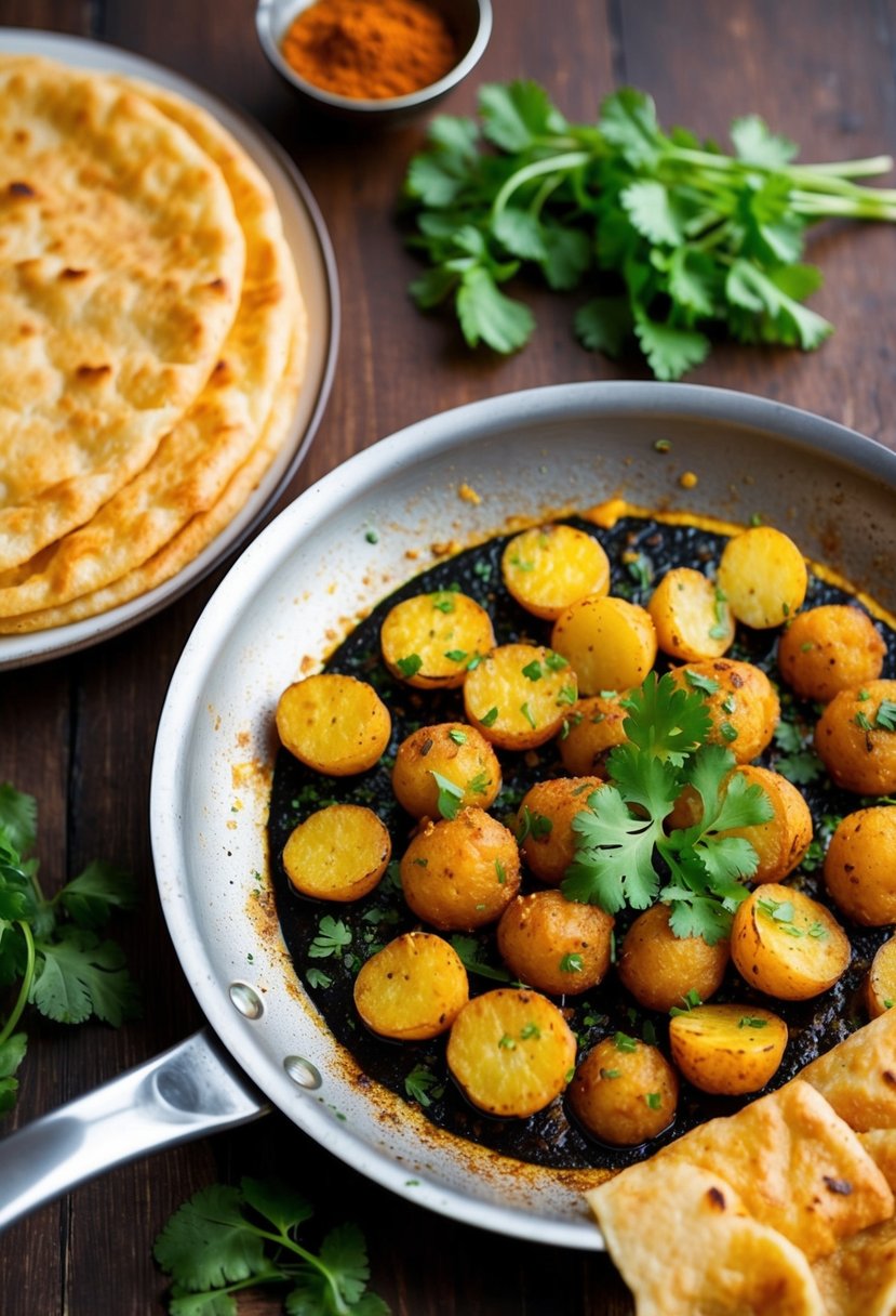 A sizzling pan of golden, spiced potato bhaji, garnished with fresh cilantro and served alongside warm, fluffy roti