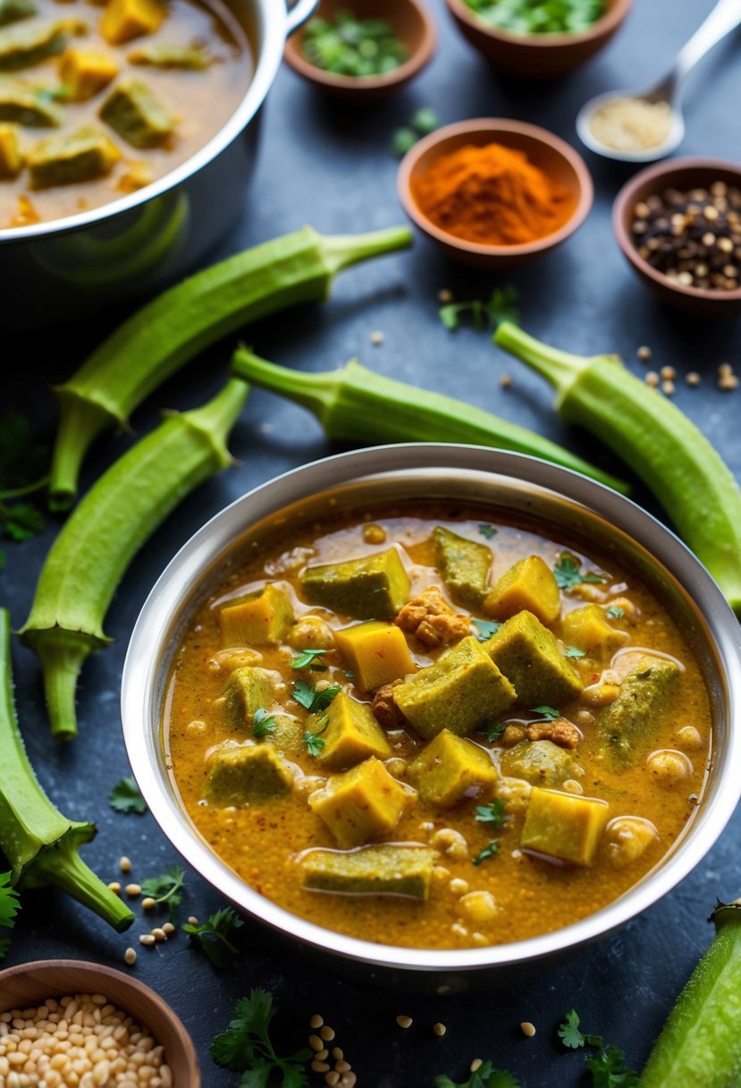 A pot of bubbling Bhindi Kadhi surrounded by fresh okra, spices, and ingredients