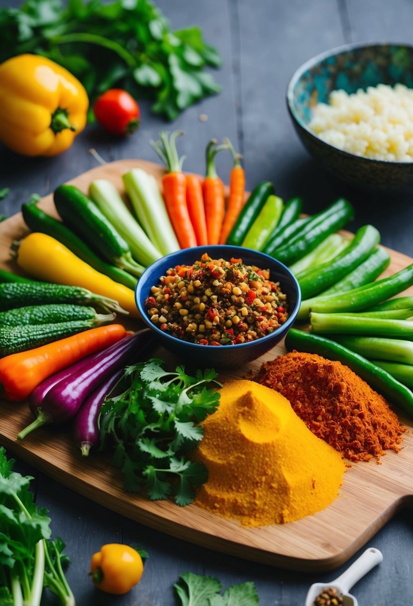 A colorful array of fresh vegetables and aromatic spices arranged on a wooden cutting board, ready to be transformed into a vegan-friendly bhaji recipe