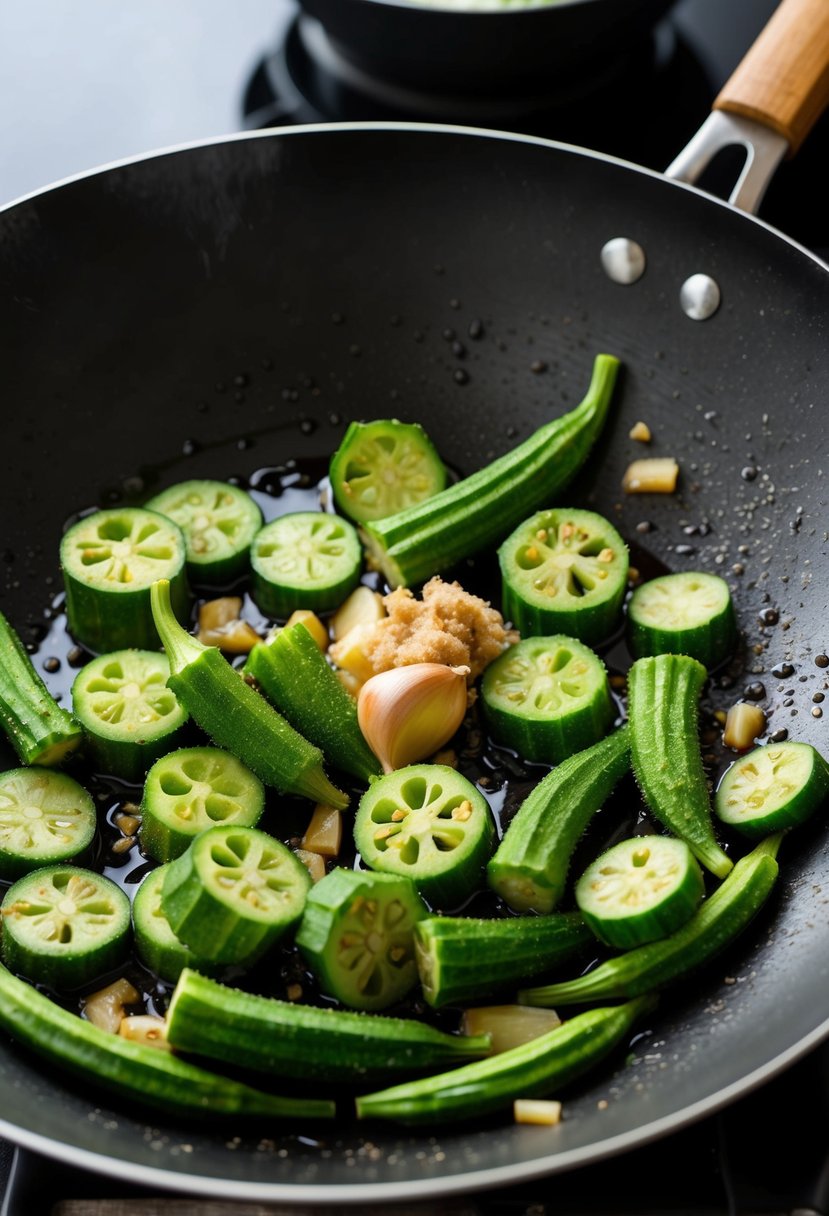 Fresh okra, sliced and sizzling in a hot wok with garlic, ginger, and soy sauce. A traditional Chinese stir-fry