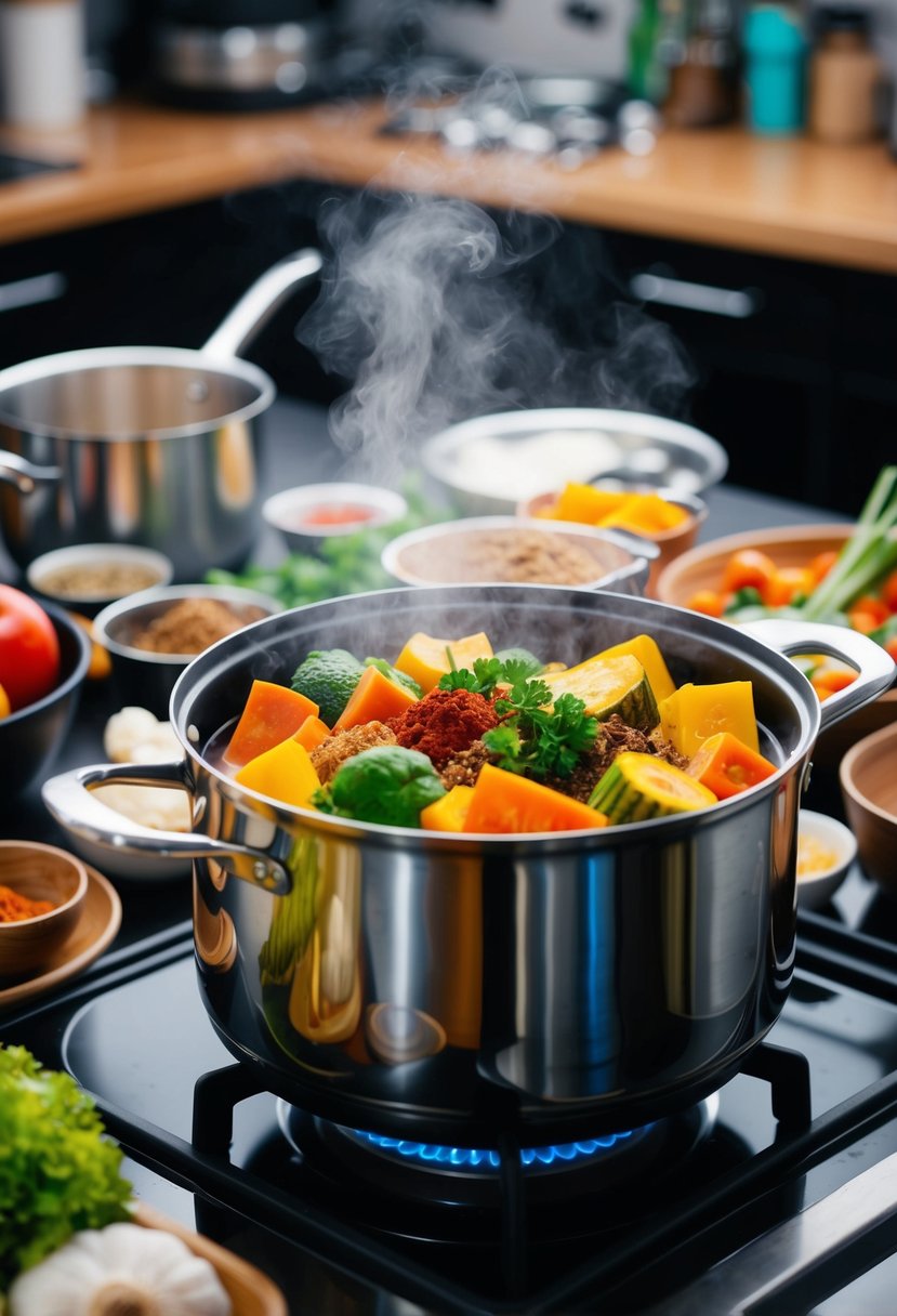 A steaming pot filled with colorful vegetables and aromatic spices, surrounded by various ingredients and utensils on a kitchen counter