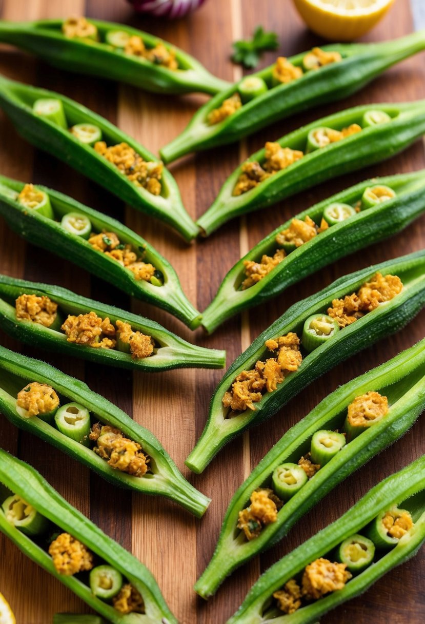 A colorful array of okra pods, split open and stuffed with a flavorful mixture, arranged on a wooden cutting board