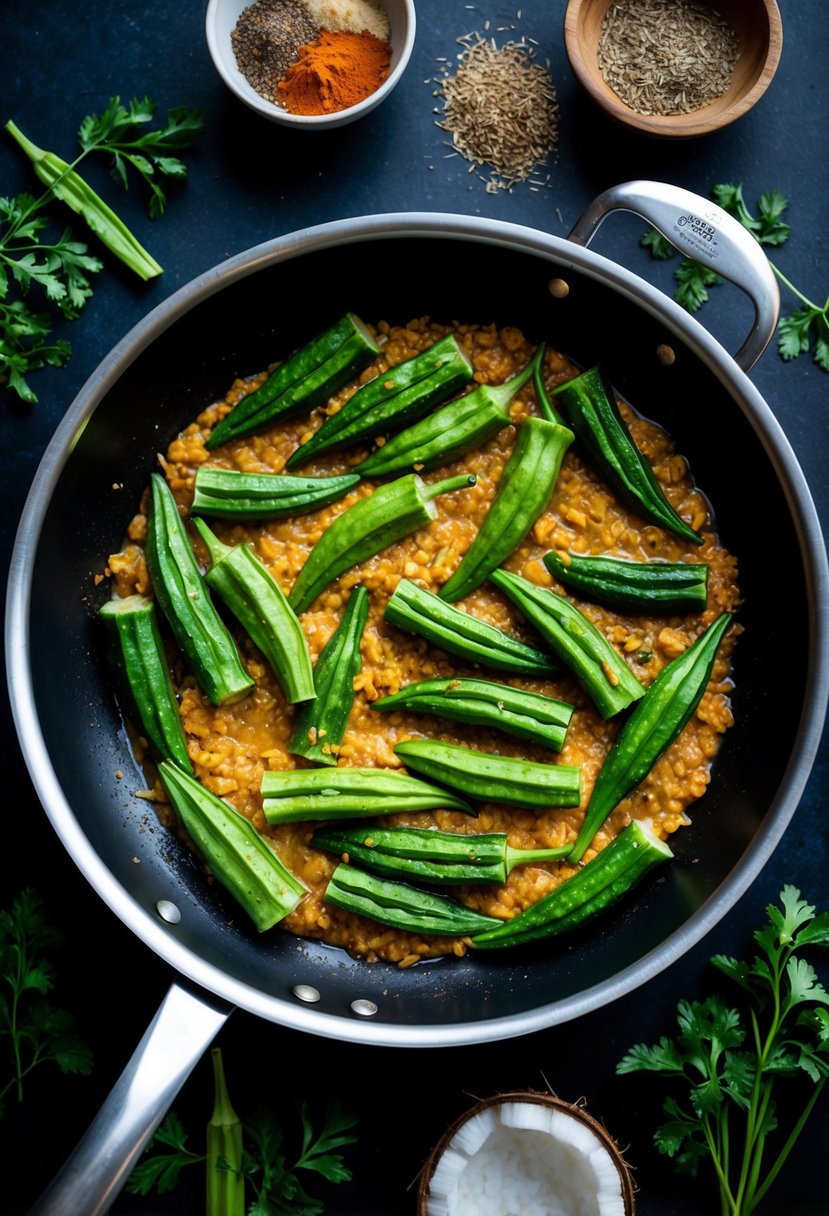 A pan of bhindi (okra) sautéed in coconut, surrounded by spices and herbs