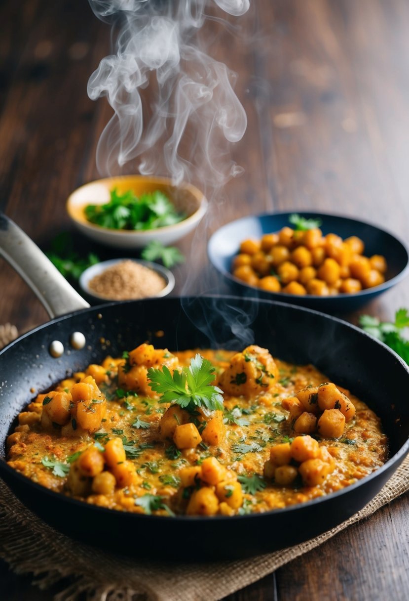 A sizzling skillet of chickpea bhaji with aromatic spices and herbs, steam rising