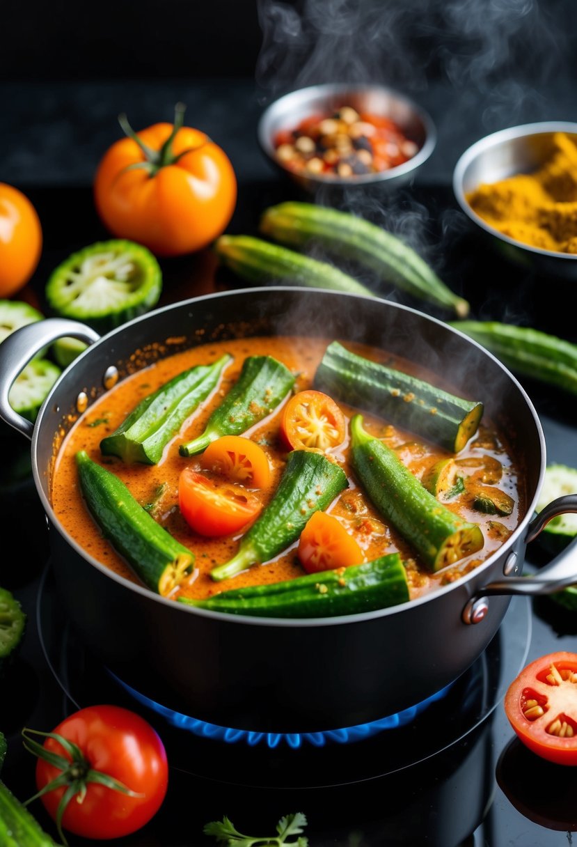 A steaming pot of spicy bhindi curry simmering on a stovetop, surrounded by vibrant whole and sliced okra, tomatoes, and aromatic spices