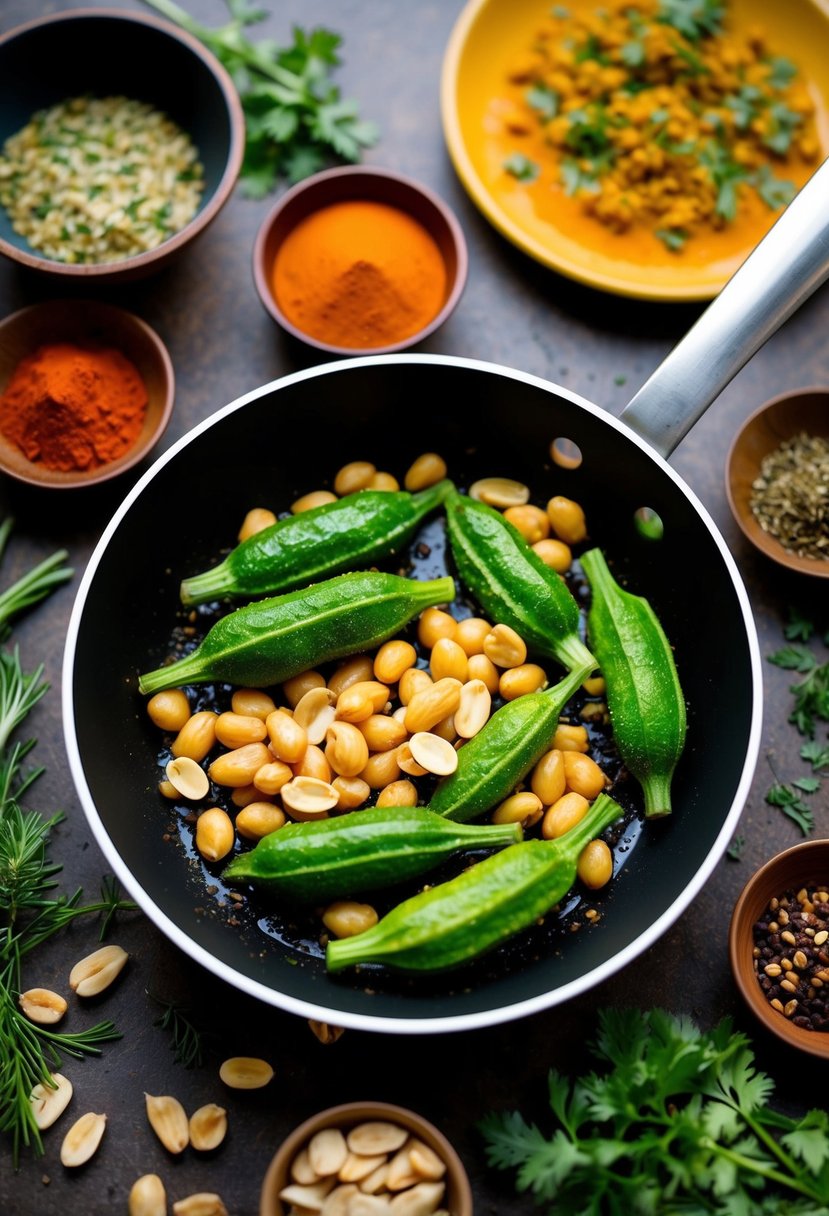 Fresh bhindi and peanuts sizzling in a pan, surrounded by colorful spices and herbs