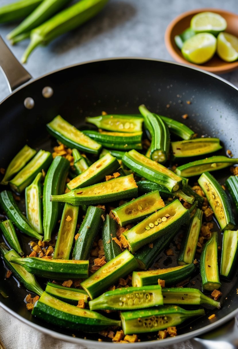 Fresh okra, sliced and sautéed with aromatic spices in a hot skillet. A traditional Indian dish, Chettinad Bhindi Fry