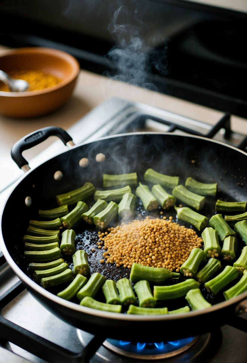 A sizzling pan of okra and mustard seeds, emitting a fragrant aroma as it cooks over a hot stove