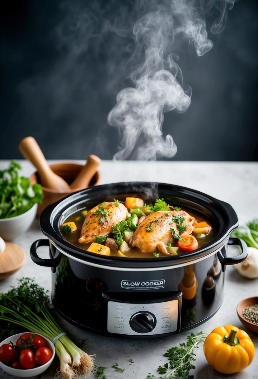 A slow cooker surrounded by fresh ingredients like chicken, vegetables, and herbs, with steam rising from the pot