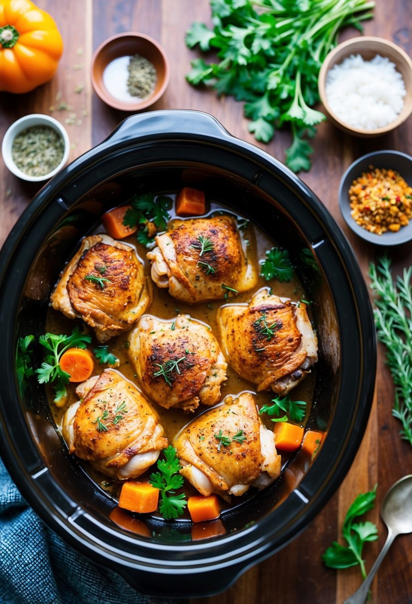 A slow cooker filled with Moroccan-spiced chicken thighs surrounded by vibrant vegetables and aromatic herbs