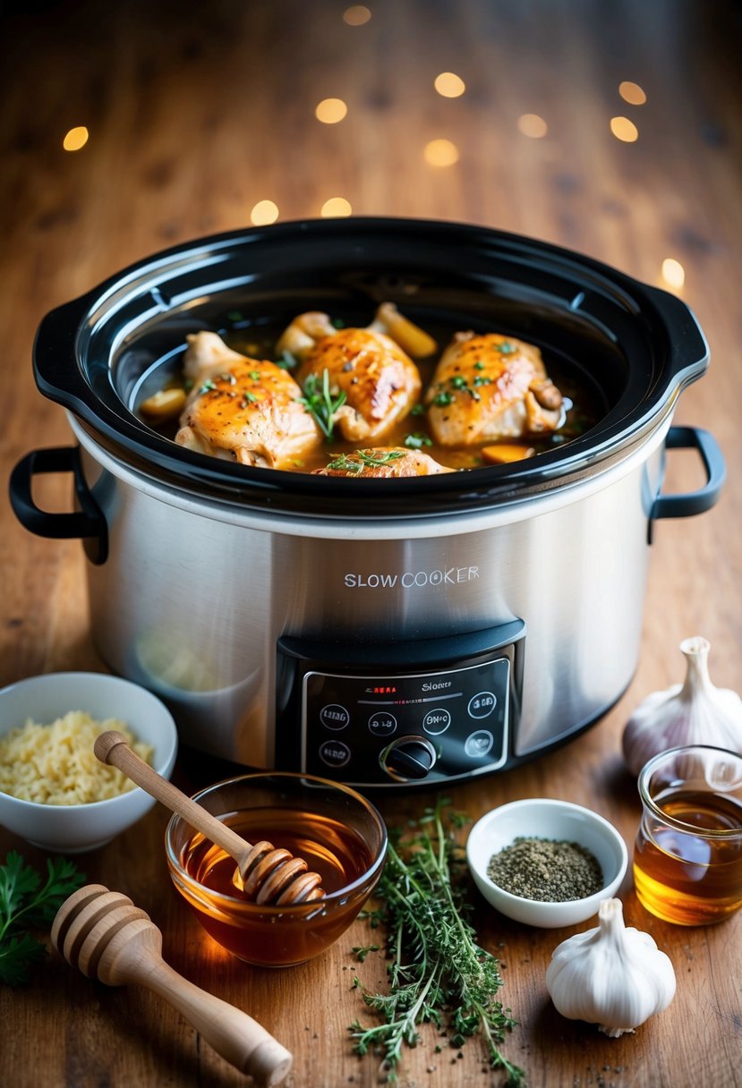 A slow cooker surrounded by ingredients like chicken, honey, garlic, and herbs