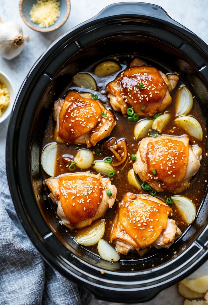 Chicken thighs simmering in teriyaki sauce in a slow cooker, surrounded by sliced onions, garlic, and ginger. A tantalizing aroma fills the kitchen