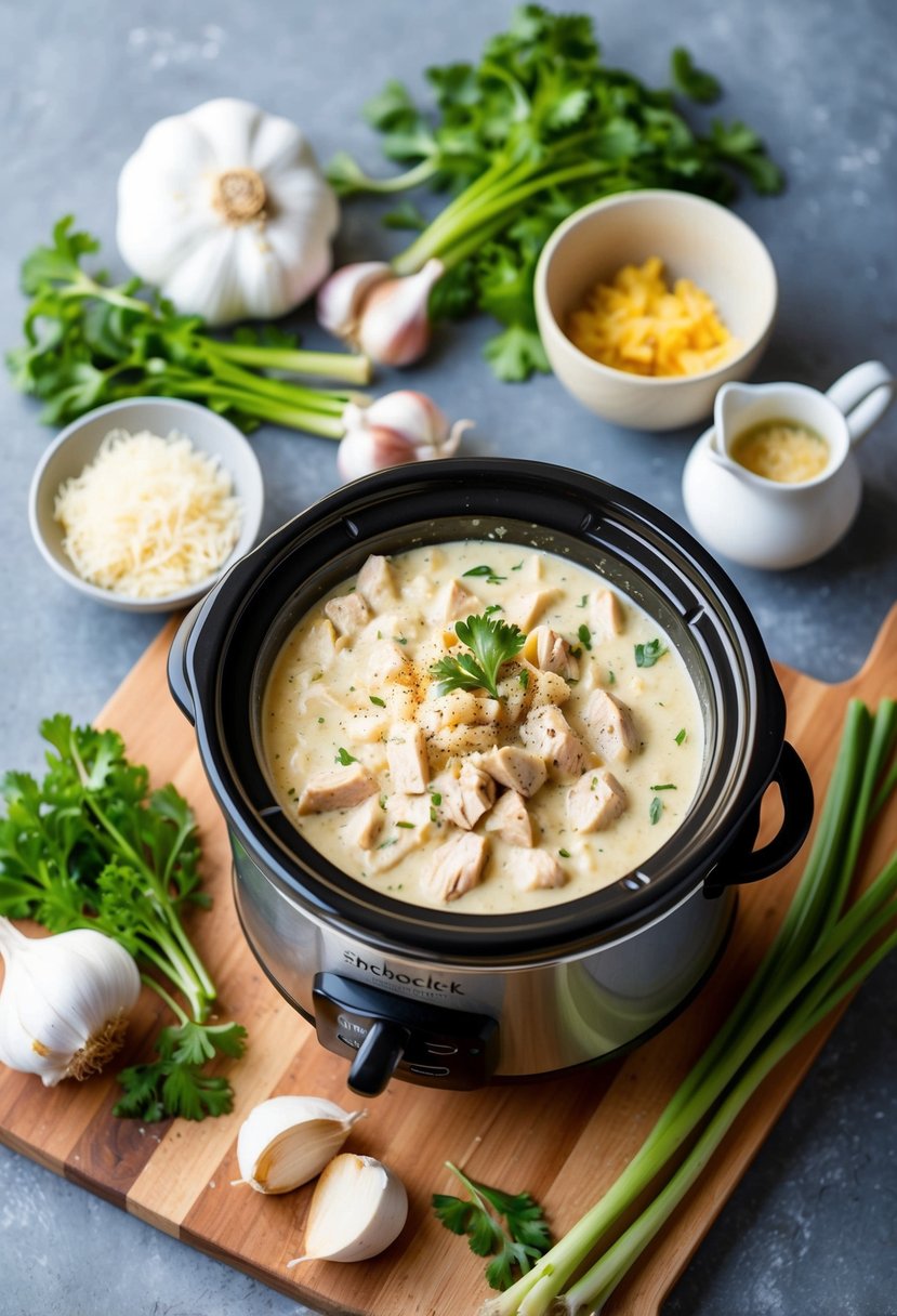 A slow cooker filled with creamy Chicken Alfredo surrounded by fresh ingredients like garlic, parmesan cheese, and tender pieces of chicken