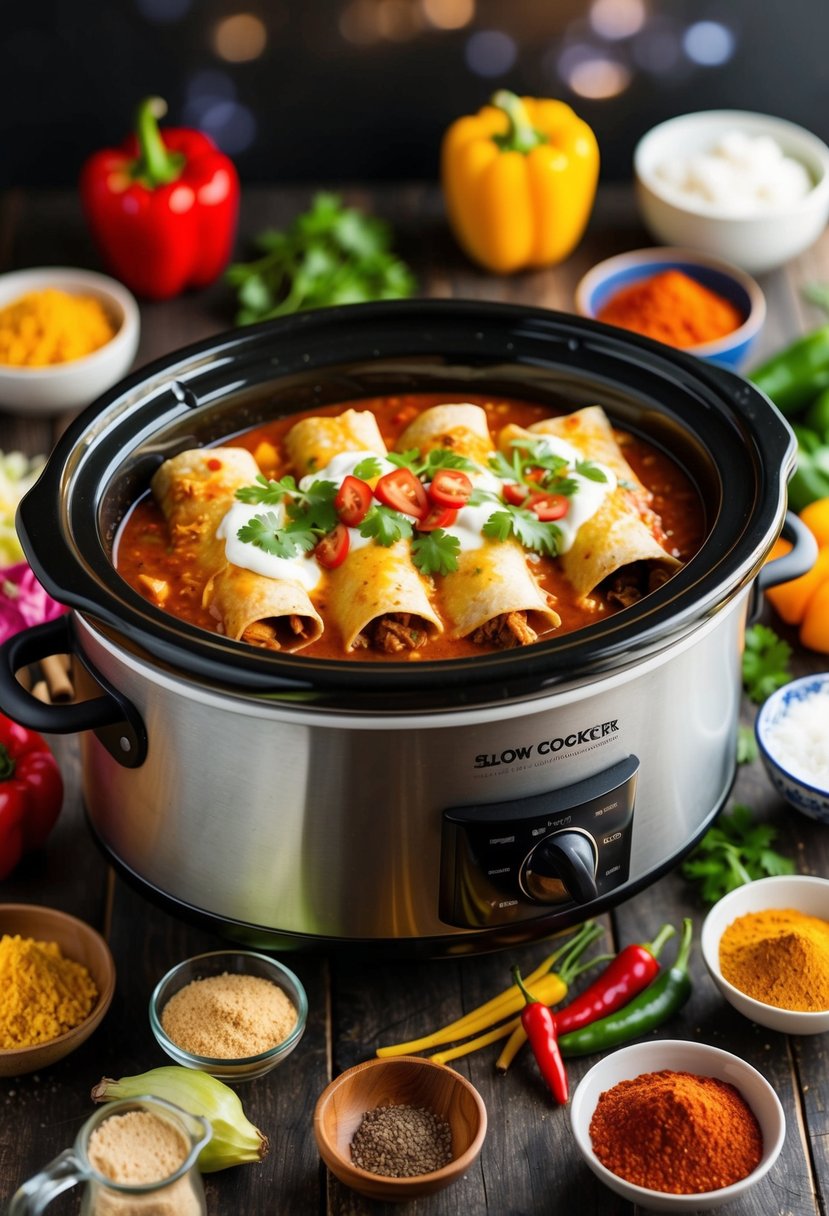 A slow cooker filled with chicken enchiladas surrounded by colorful ingredients and spices