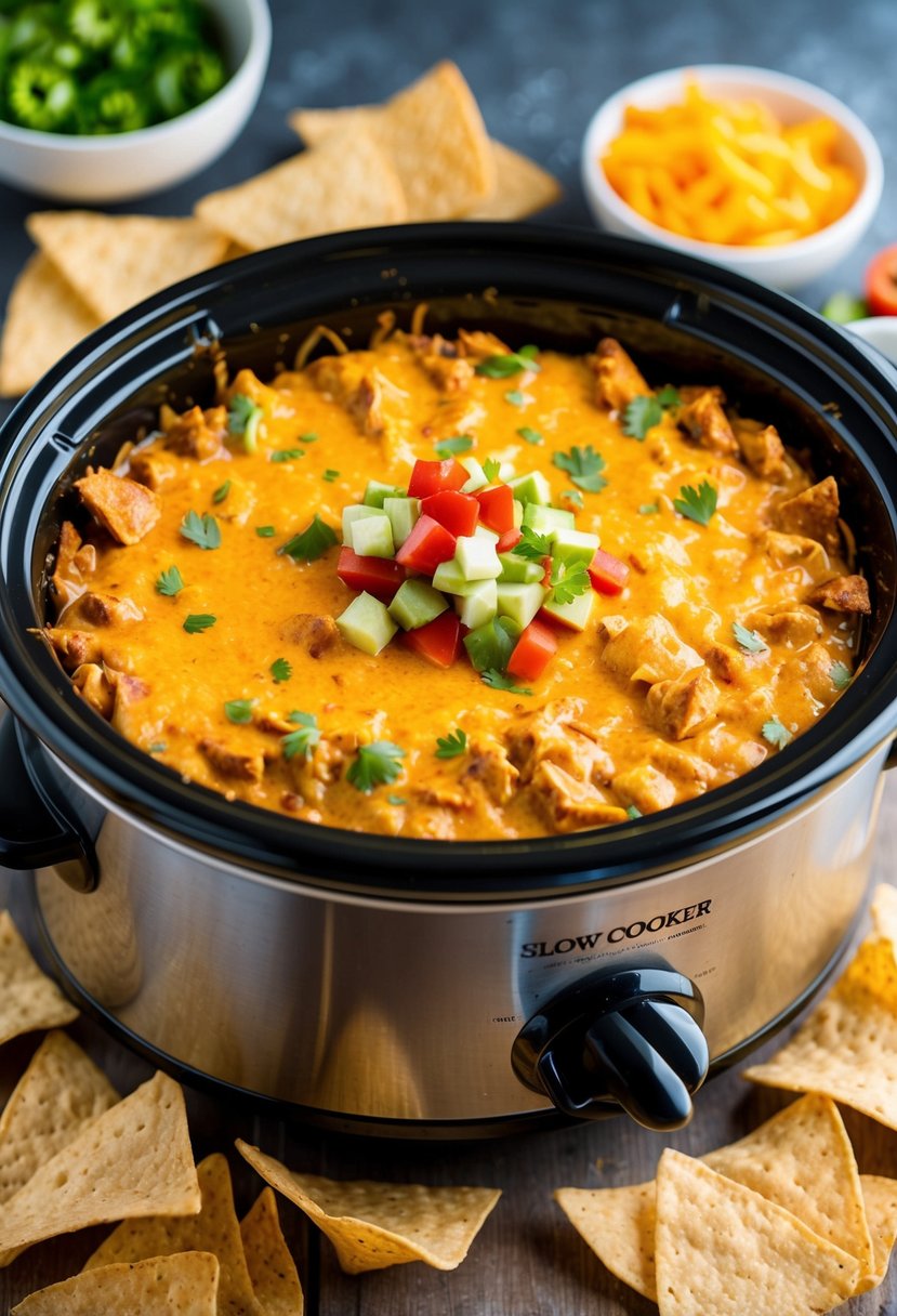 A bubbling slow cooker filled with warm, cheesy chicken nacho dip, surrounded by tortilla chips and colorful toppings